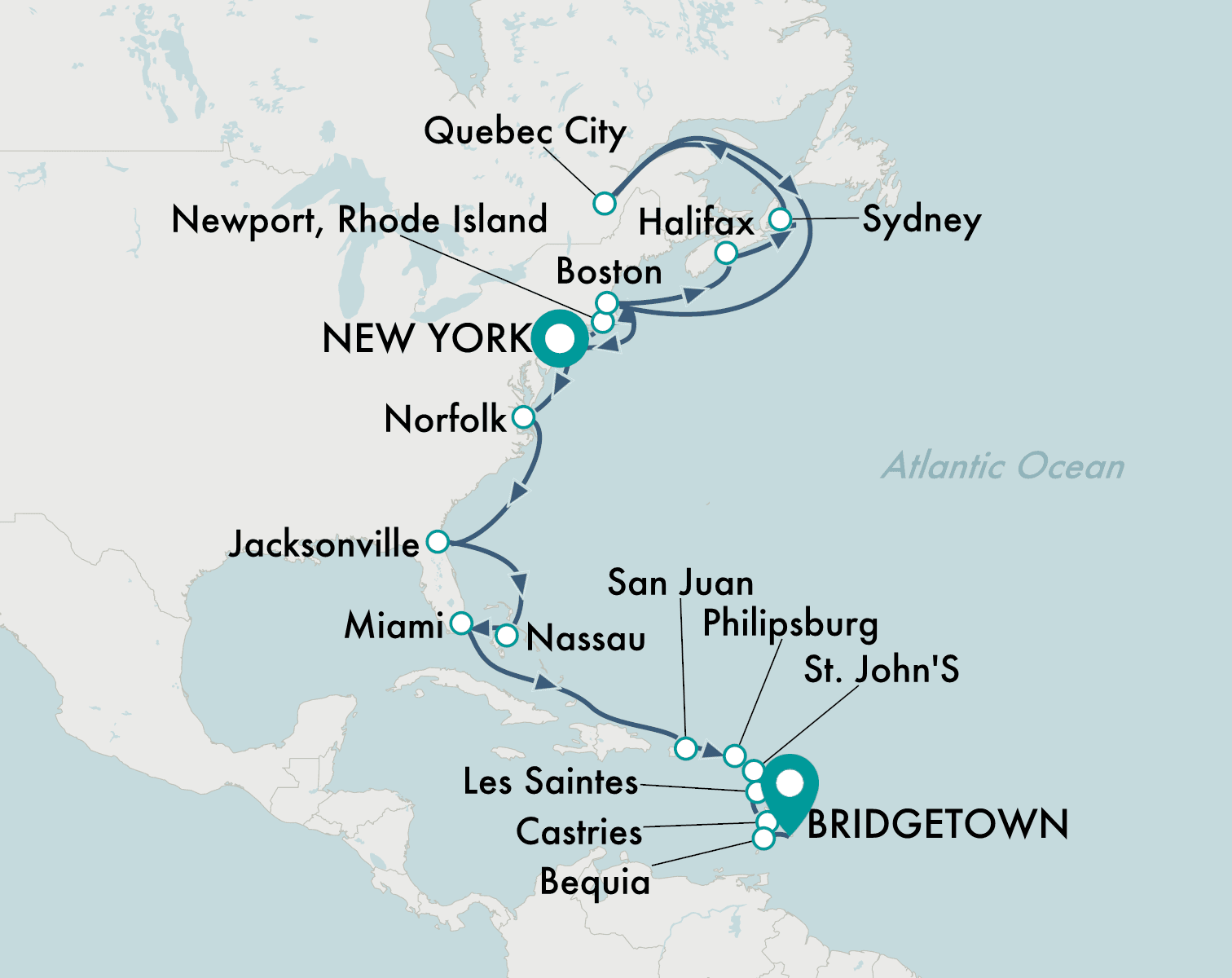 itinerary map of cruise New York to Bridgetown