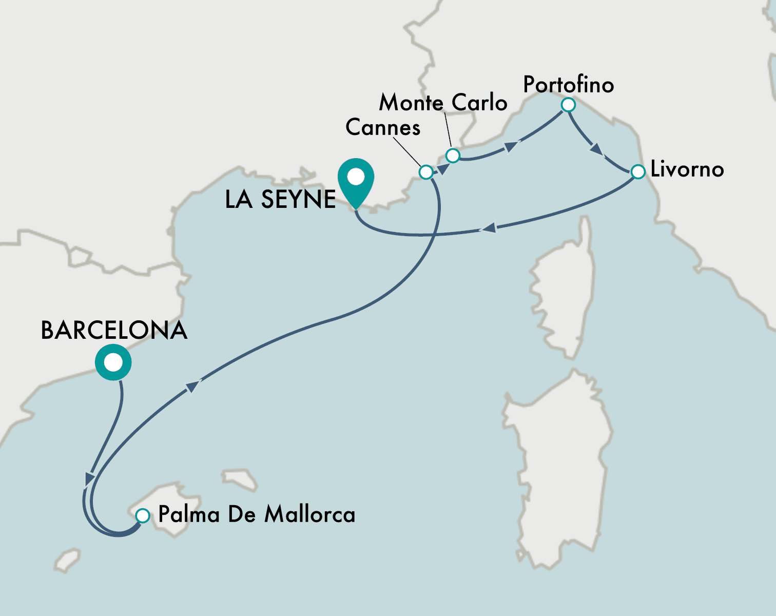 itinerary map of cruise Barcelona to La Seyne (Toulon)