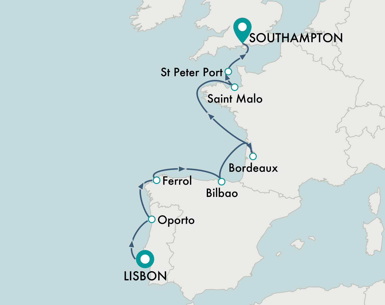 itinerary map of cruise Lisbon to Southampton