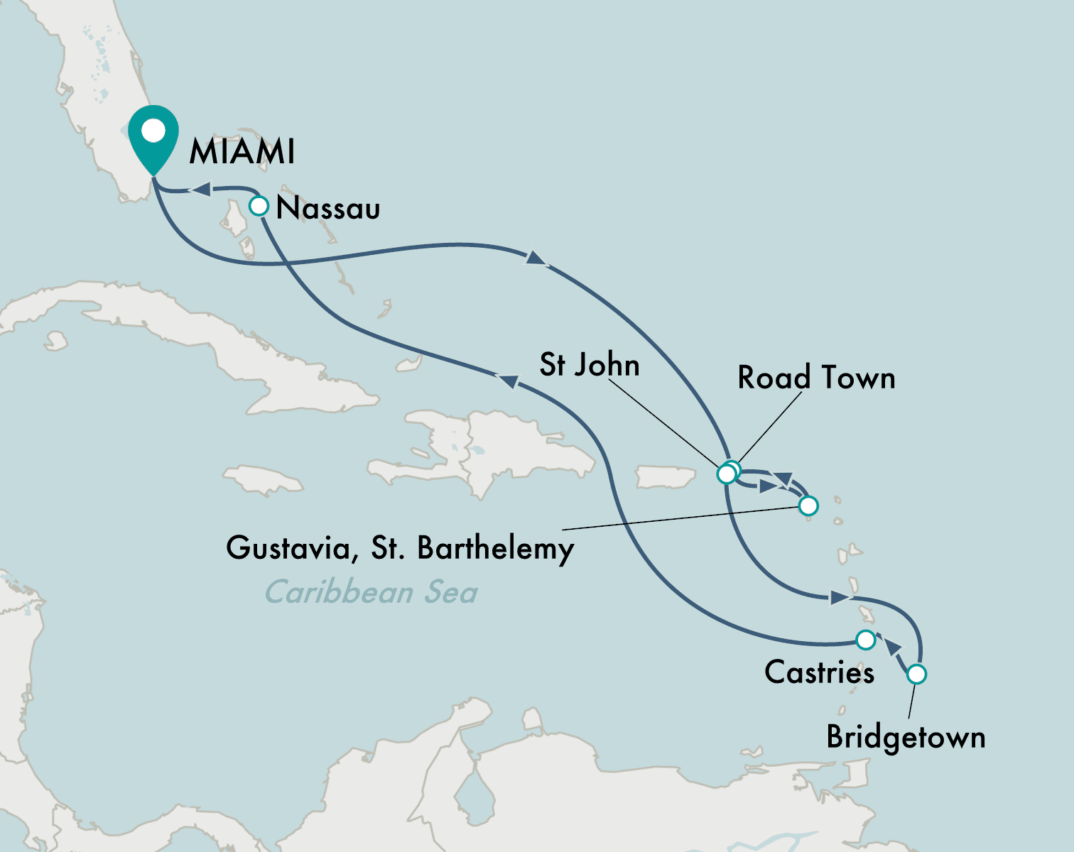 itinerary map of cruise Miami to Miami