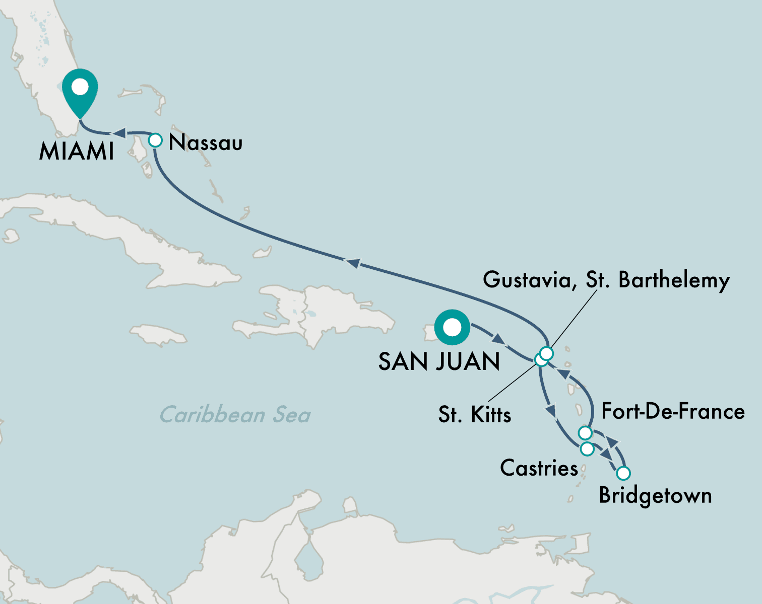 itinerary map of cruise San Juan to Miami