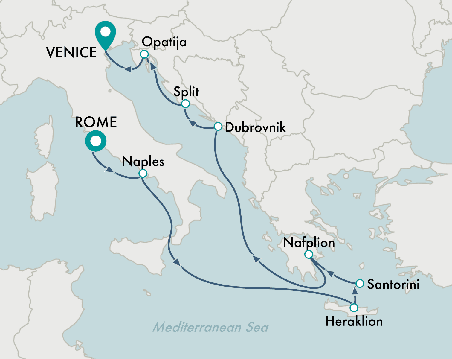 itinerary map of cruise Rome (Civitavecchia) to Venice