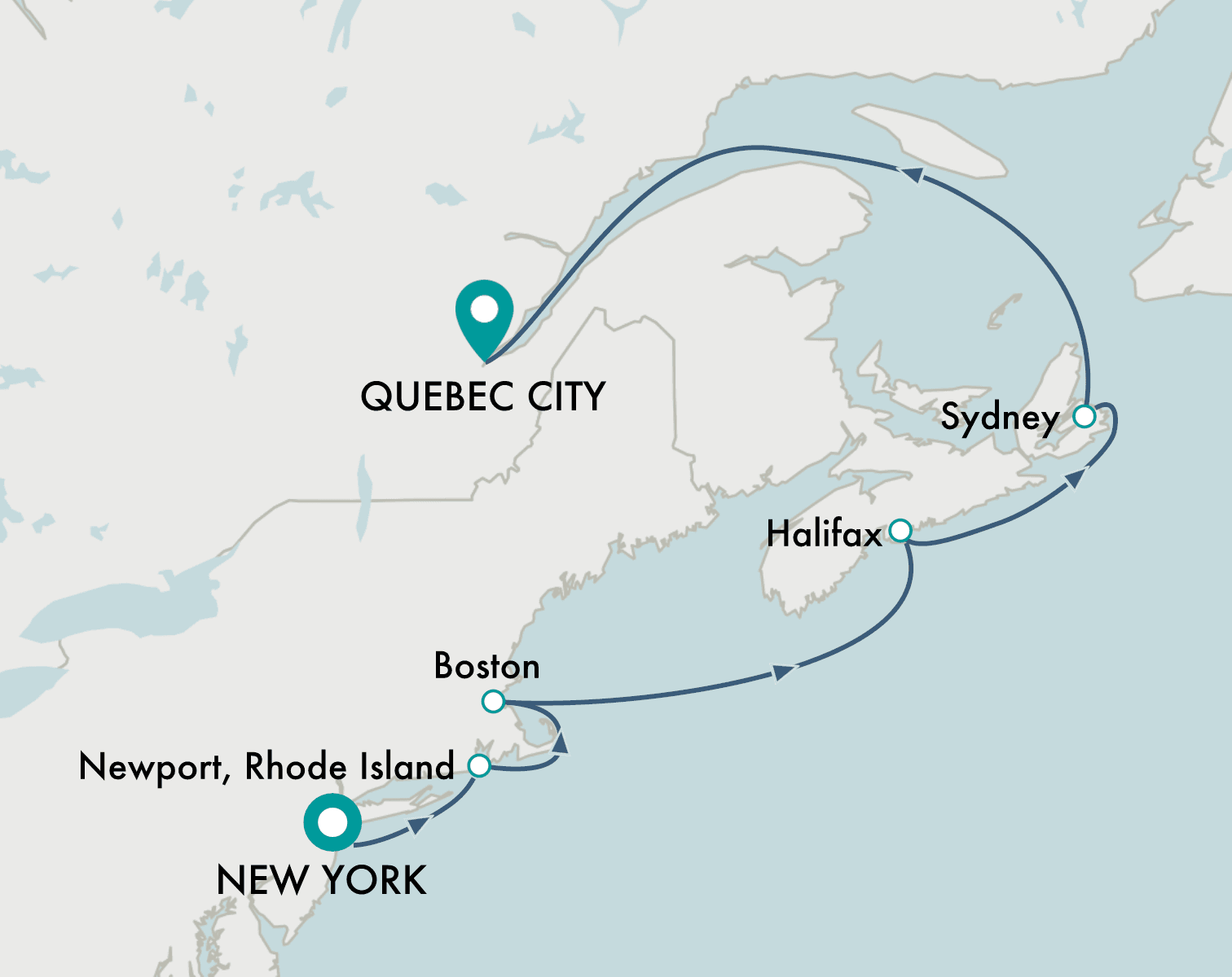 itinerary map of cruise New York to Quebec City