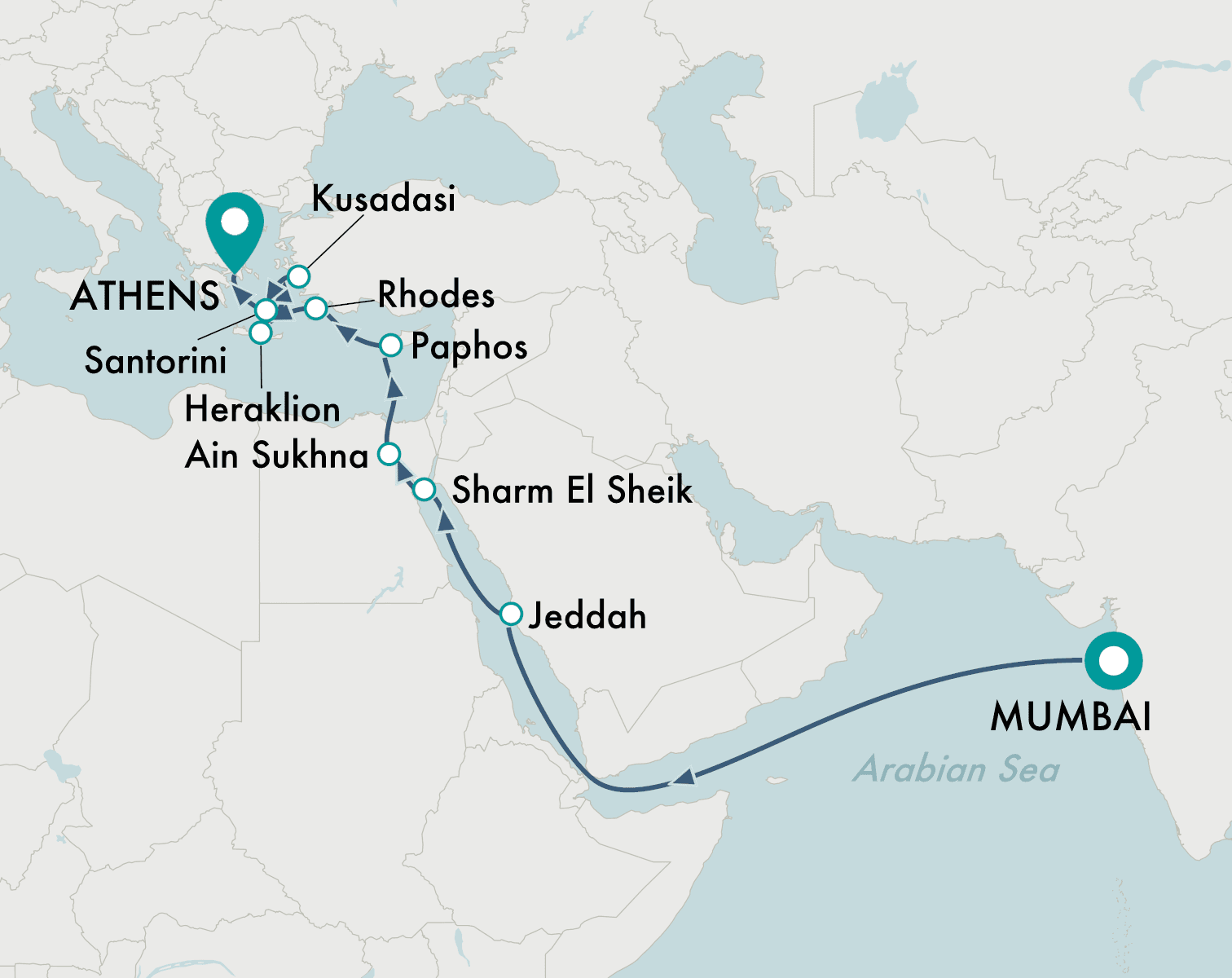 itinerary map of cruise Mumbai to Athens (Piraeus)
