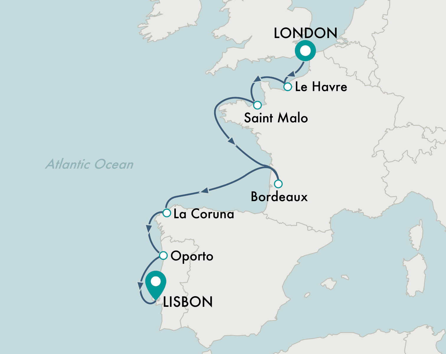 itinerary map of cruise London (Dover) to Lisbon