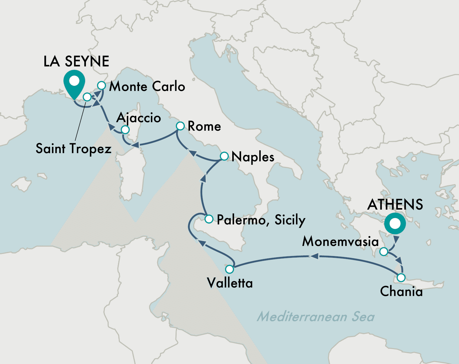 itinerary map of cruise Athens (Piraeus) to Toulon (La Seyne)