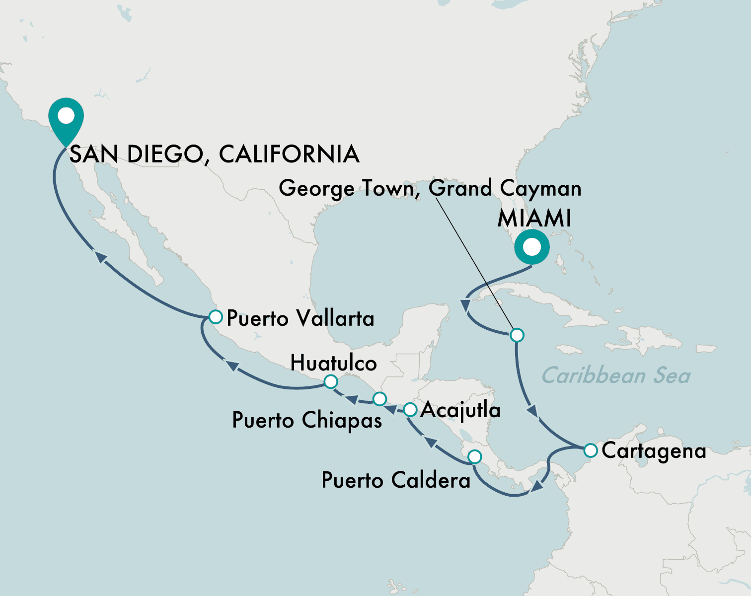 itinerary map of cruise Miami to San Diego