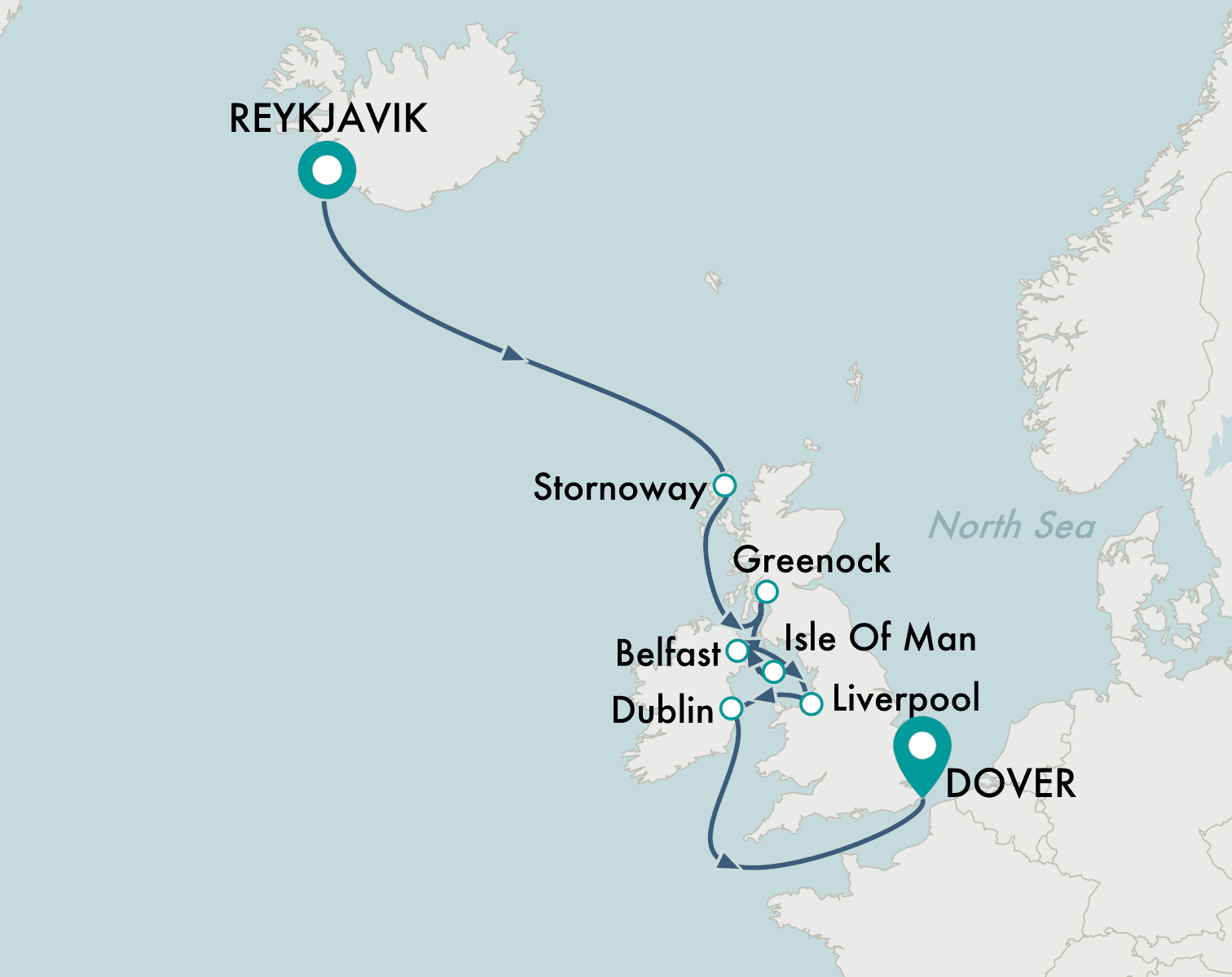 itinerary map of cruise Reykjavik to London (Dover)