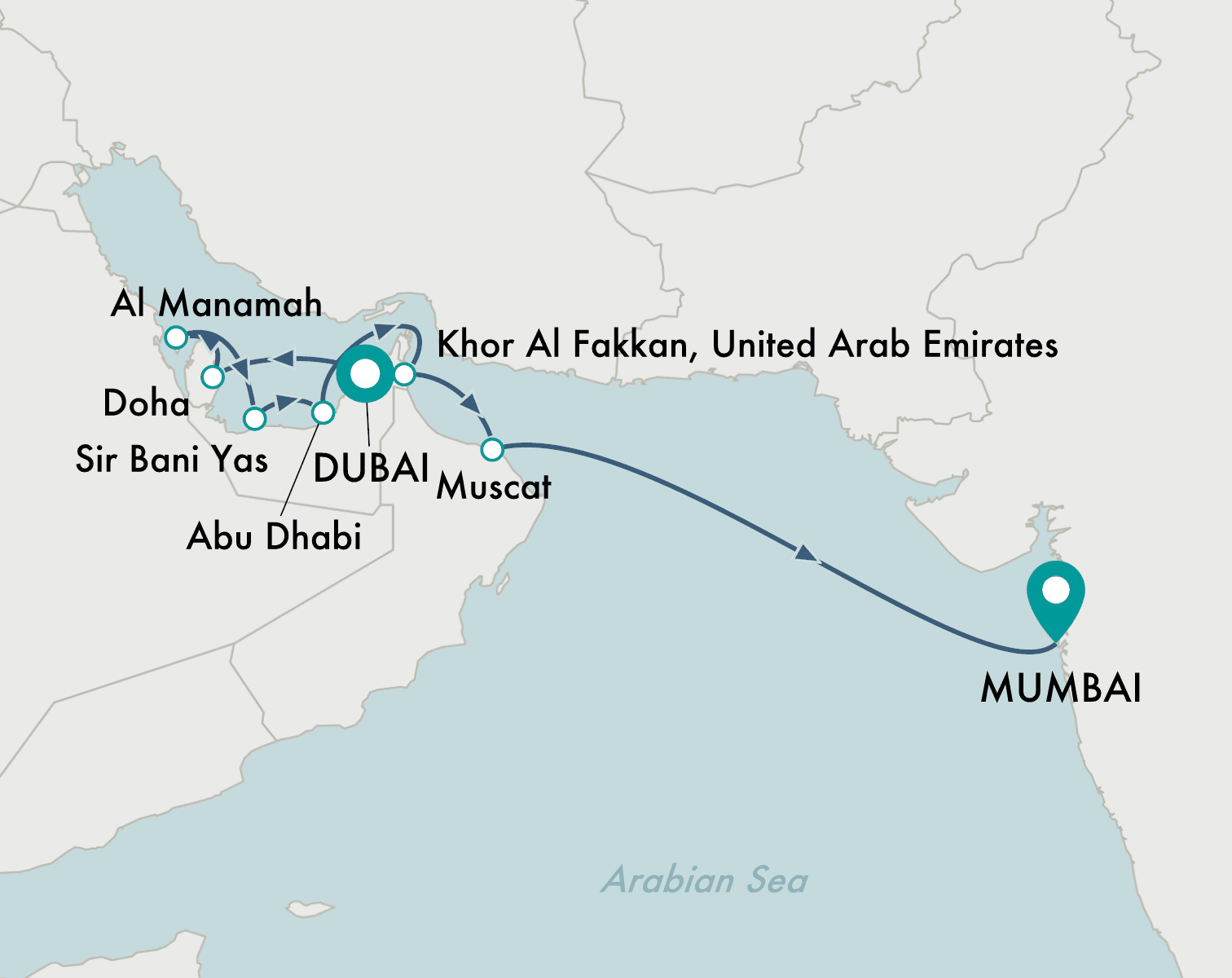 itinerary map of cruise Dubai to Mumbai