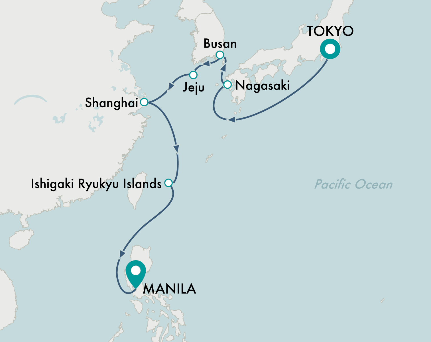 itinerary map of cruise Yokohama (Tokyo) to Manila