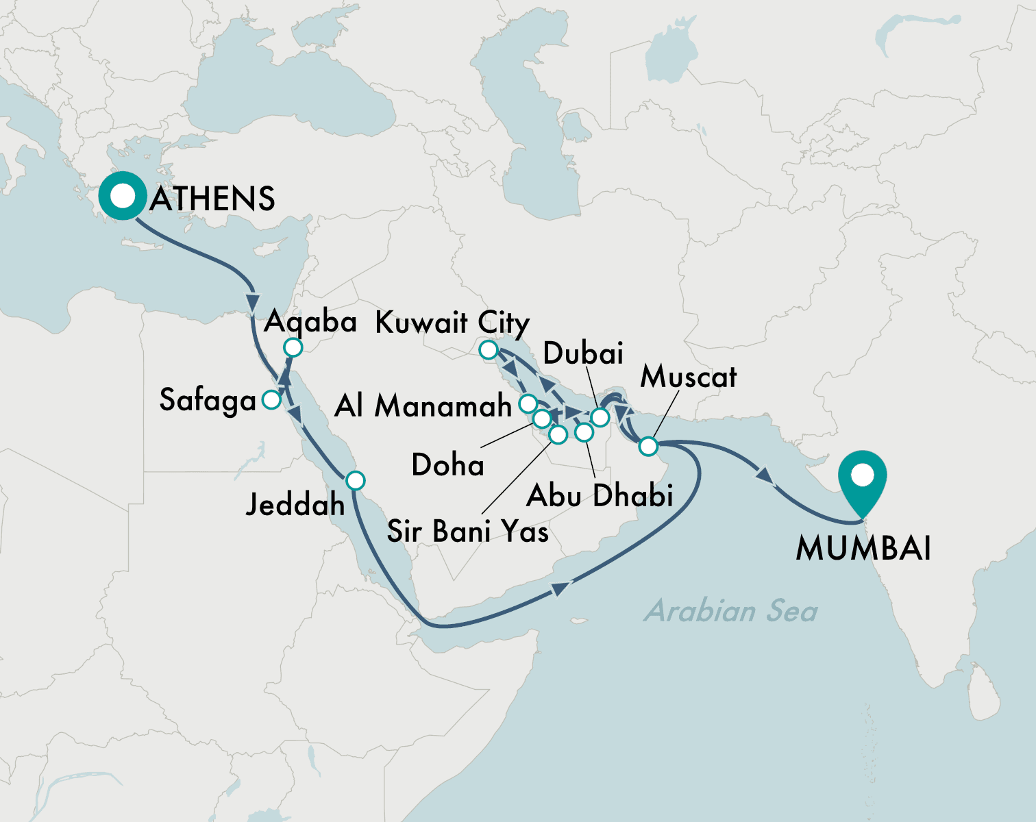 itinerary map of cruise Athens (Piraeus) to Mumbai